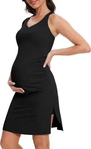 M MOTEEPI Women Maternity Summer Casual Athletic Dress Split Ruched Pregnancy Bodycon Dress for Photoshoot Baby Shower