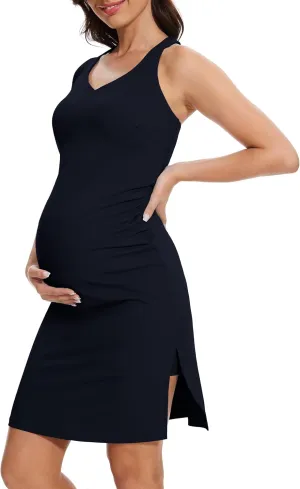 M MOTEEPI Women Maternity Summer Casual Athletic Dress Split Ruched Pregnancy Bodycon Dress for Photoshoot Baby Shower