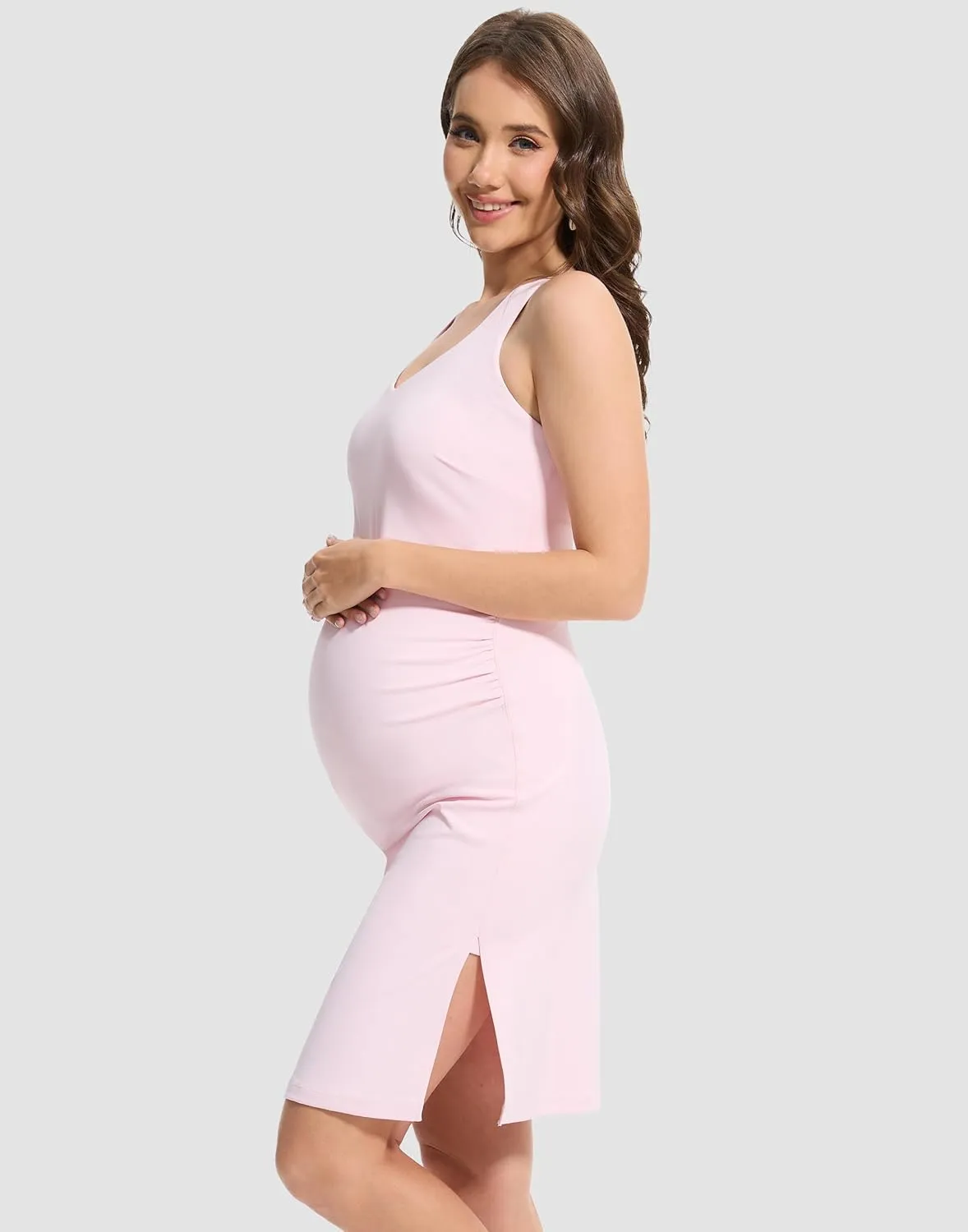 M MOTEEPI Women Maternity Summer Casual Athletic Dress Split Ruched Pregnancy Bodycon Dress for Photoshoot Baby Shower