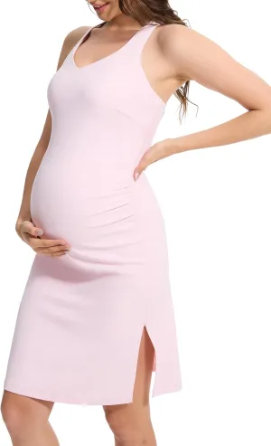 M MOTEEPI Women Maternity Summer Casual Athletic Dress Split Ruched Pregnancy Bodycon Dress for Photoshoot Baby Shower