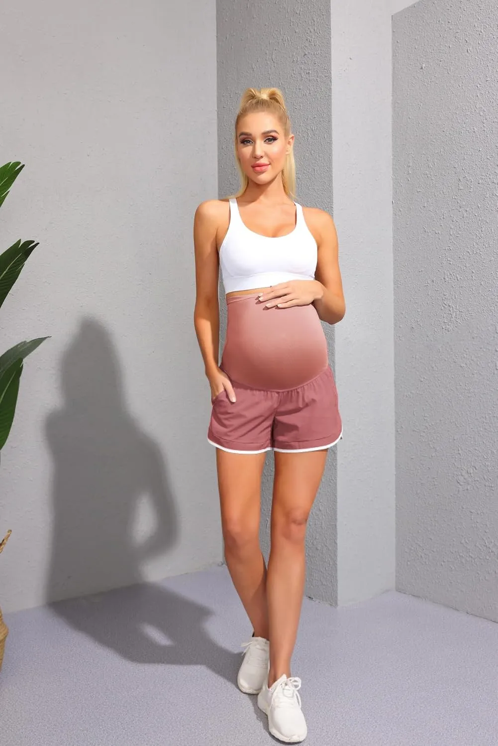 Maacie Maternity Shorts Double Layer 2 in 1 High Waist Athletic Shorts with Pockets
