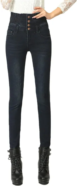 Maiyifu-GJ Women's High Waisted Buttons Skinny Jeans Juniors Tummy Control Slim Fit Denim Pants Slim Fit Elastic Waist Jean