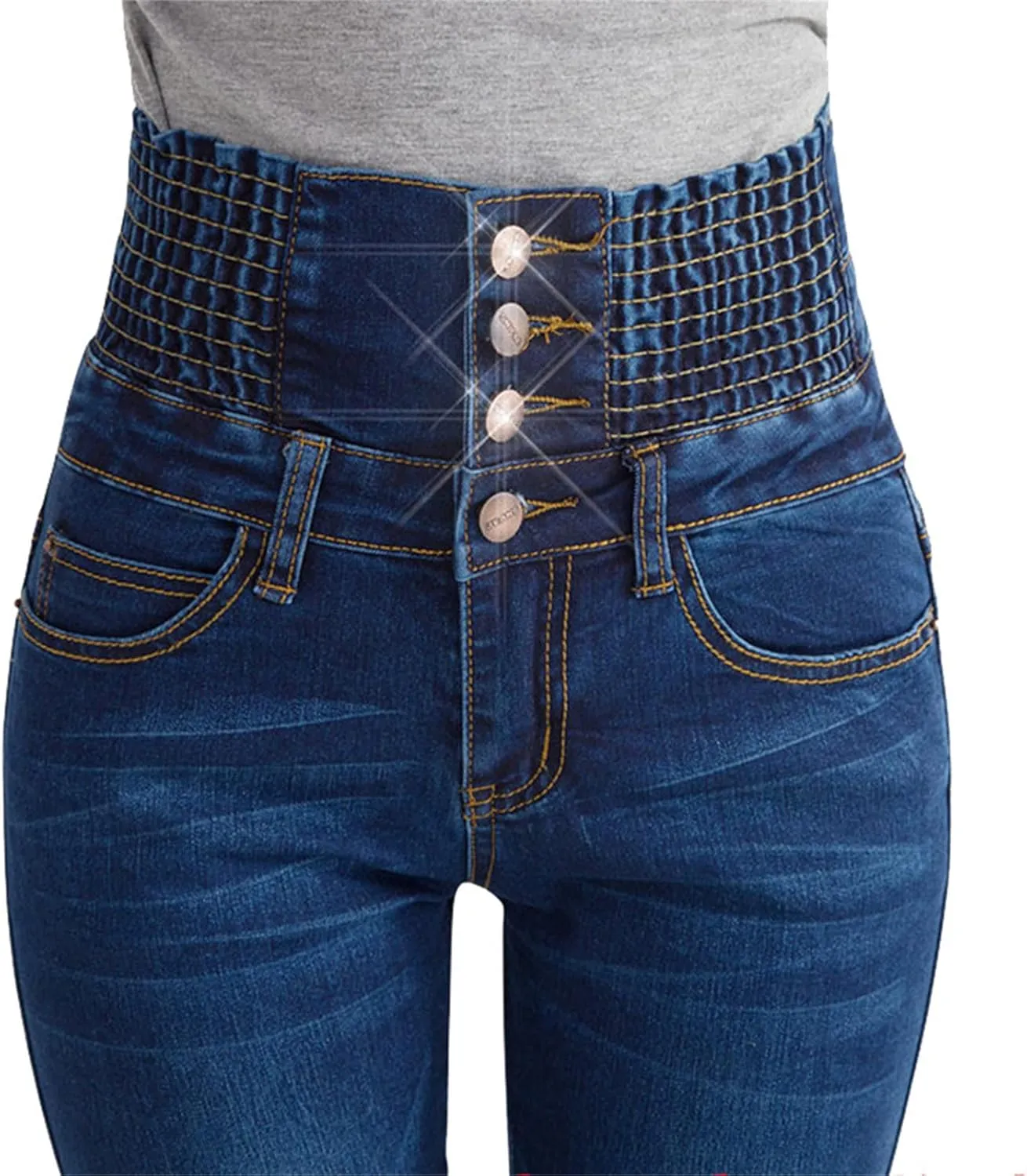 Maiyifu-GJ Women's High Waisted Buttons Skinny Jeans Juniors Tummy Control Slim Fit Denim Pants Slim Fit Elastic Waist Jean