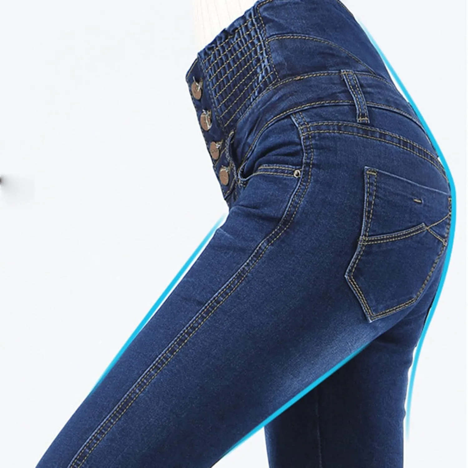 Maiyifu-GJ Women's High Waisted Buttons Skinny Jeans Juniors Tummy Control Slim Fit Denim Pants Slim Fit Elastic Waist Jean