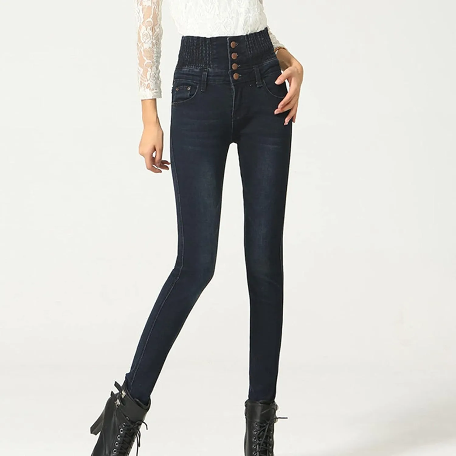 Maiyifu-GJ Women's High Waisted Buttons Skinny Jeans Juniors Tummy Control Slim Fit Denim Pants Slim Fit Elastic Waist Jean