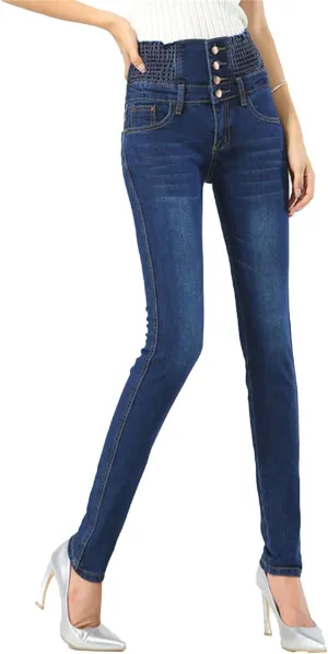 Maiyifu-GJ Women's High Waisted Buttons Skinny Jeans Juniors Tummy Control Slim Fit Denim Pants Slim Fit Elastic Waist Jean