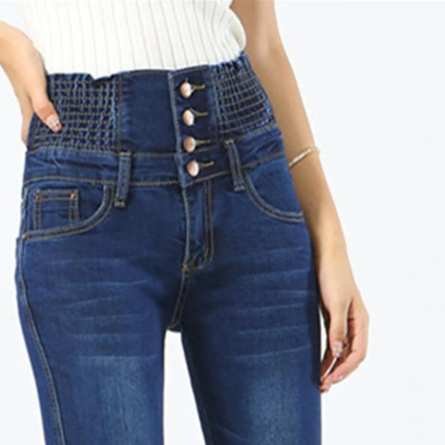 Maiyifu-GJ Women's High Waisted Buttons Skinny Jeans Juniors Tummy Control Slim Fit Denim Pants Slim Fit Elastic Waist Jean
