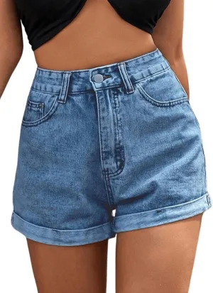 MakeMeChic Women's Casual Roll Up Hem Jean Shorts Straight Leg High Waist Zipper Denim Shorts