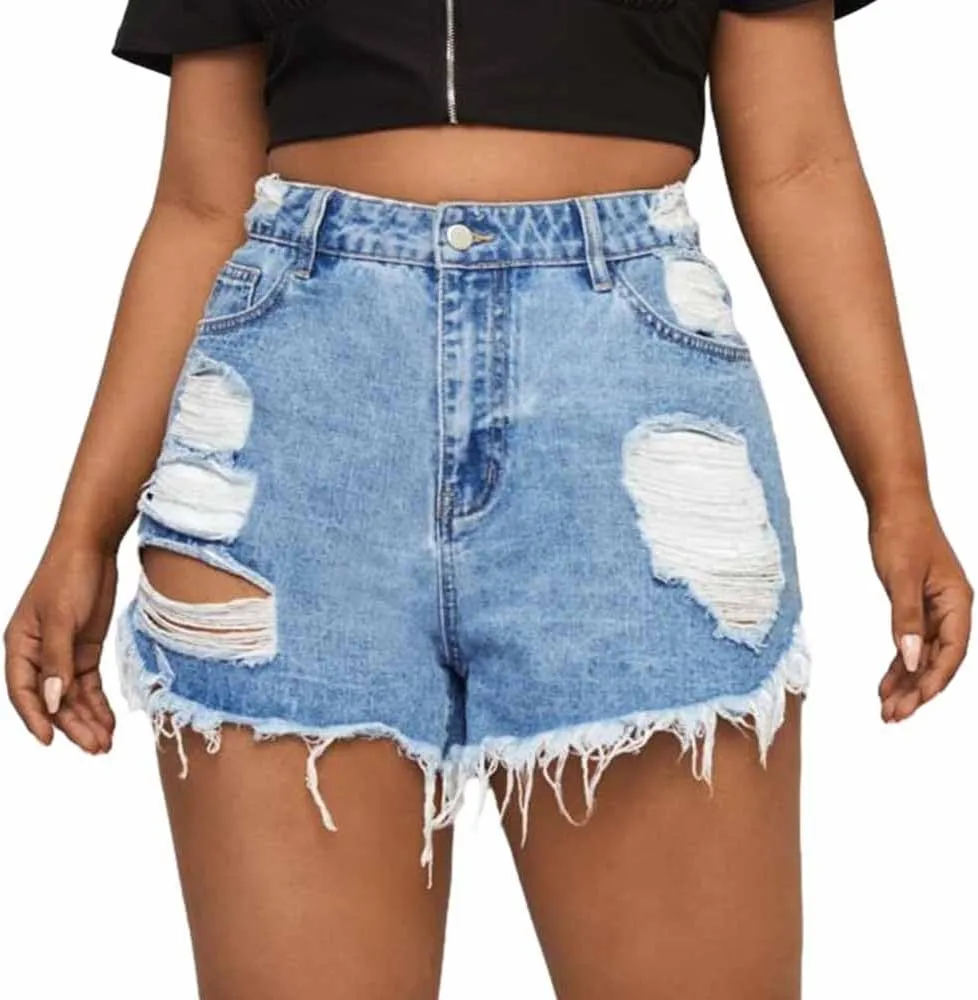 MapleHub Plus Size Denim Shorts Women High Waisted Ripped Folded Hem Jean Shorts