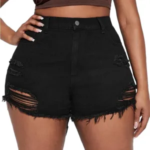 MapleHub Plus Size Denim Shorts Women High Waisted Ripped Folded Hem Jean Shorts