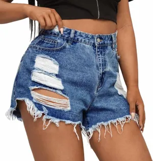 MapleHub Plus Size Denim Shorts Women High Waisted Ripped Folded Hem Jean Shorts