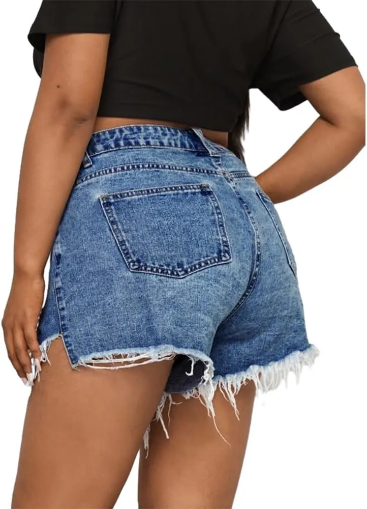 MapleHub Plus Size Denim Shorts Women High Waisted Ripped Folded Hem Jean Shorts