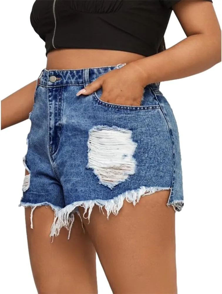 MapleHub Plus Size Denim Shorts Women High Waisted Ripped Folded Hem Jean Shorts