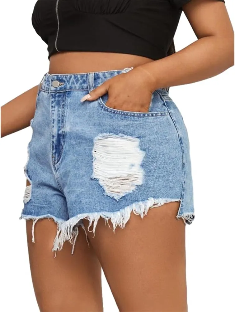 MapleHub Plus Size Denim Shorts Women High Waisted Ripped Folded Hem Jean Shorts