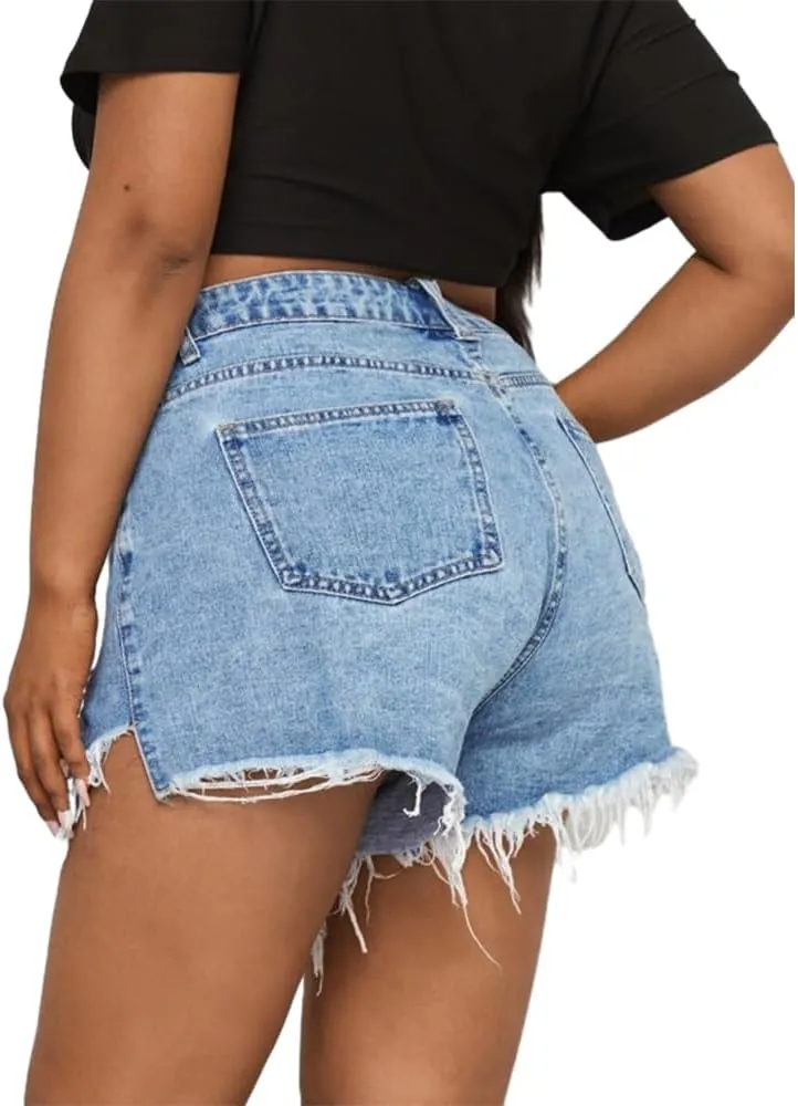 MapleHub Plus Size Denim Shorts Women High Waisted Ripped Folded Hem Jean Shorts