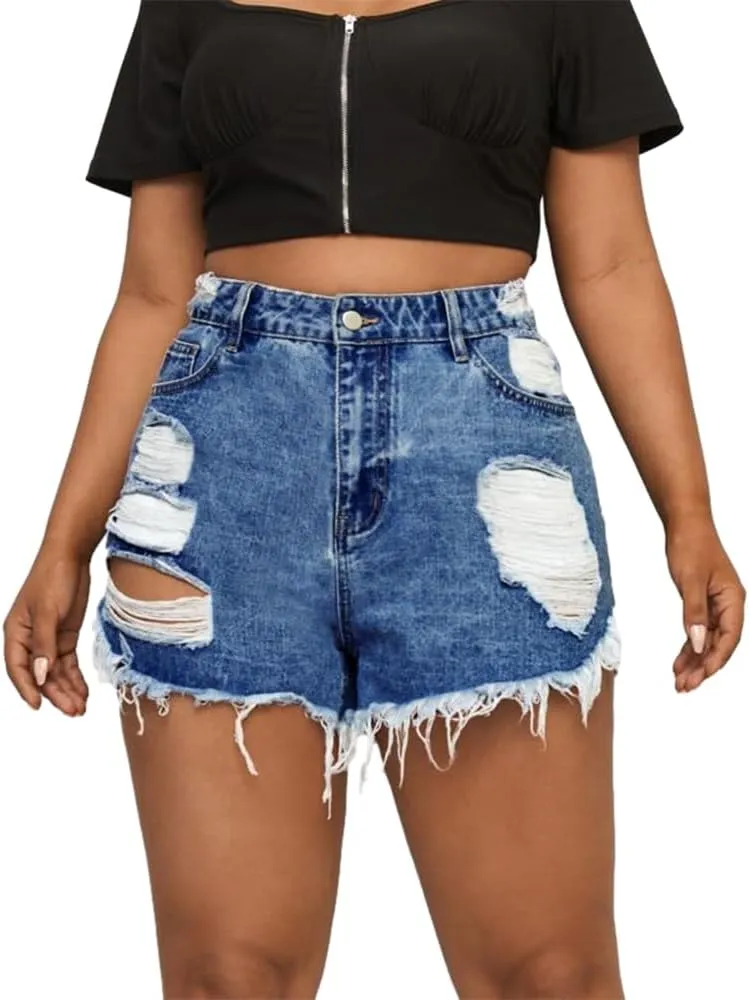 MapleHub Plus Size Denim Shorts Women High Waisted Ripped Folded Hem Jean Shorts