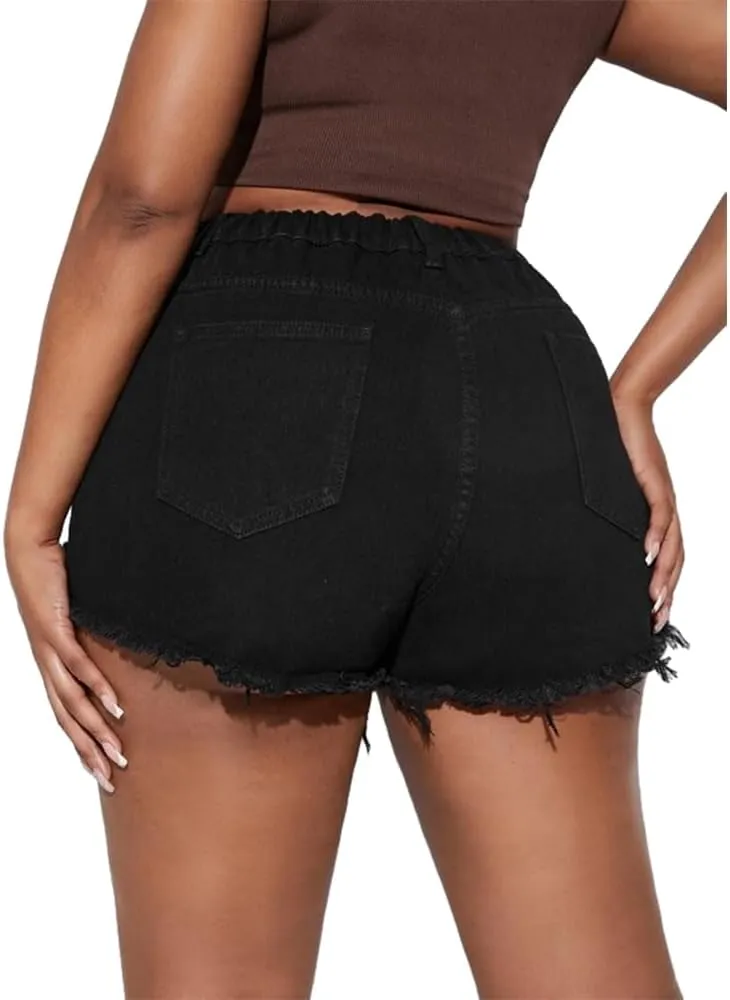 MapleHub Plus Size Denim Shorts Women High Waisted Ripped Folded Hem Jean Shorts