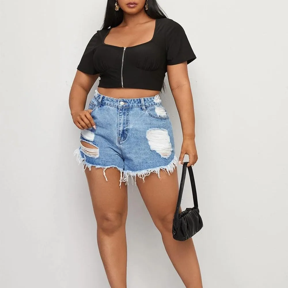 MapleHub Plus Size Denim Shorts Women High Waisted Ripped Folded Hem Jean Shorts