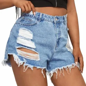 MapleHub Plus Size Denim Shorts Women High Waisted Ripped Folded Hem Jean Shorts