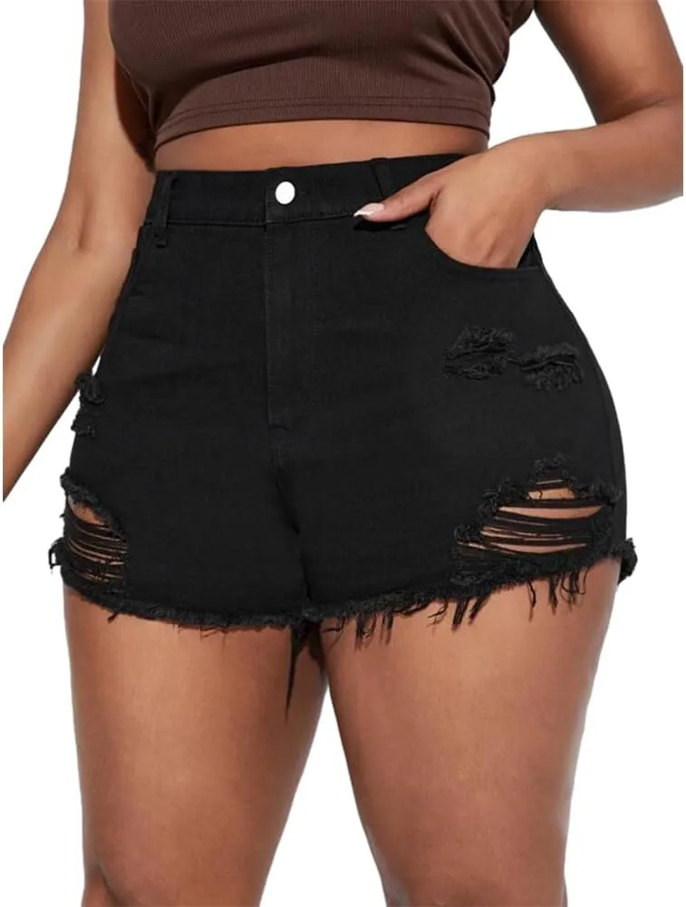 MapleHub Plus Size Denim Shorts Women High Waisted Ripped Folded Hem Jean Shorts