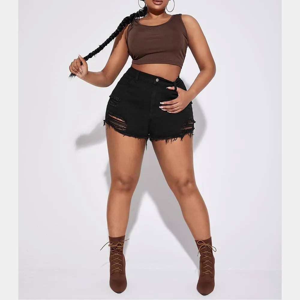MapleHub Plus Size Denim Shorts Women High Waisted Ripped Folded Hem Jean Shorts