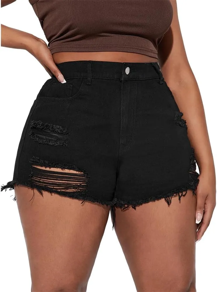 MapleHub Plus Size Denim Shorts Women High Waisted Ripped Folded Hem Jean Shorts