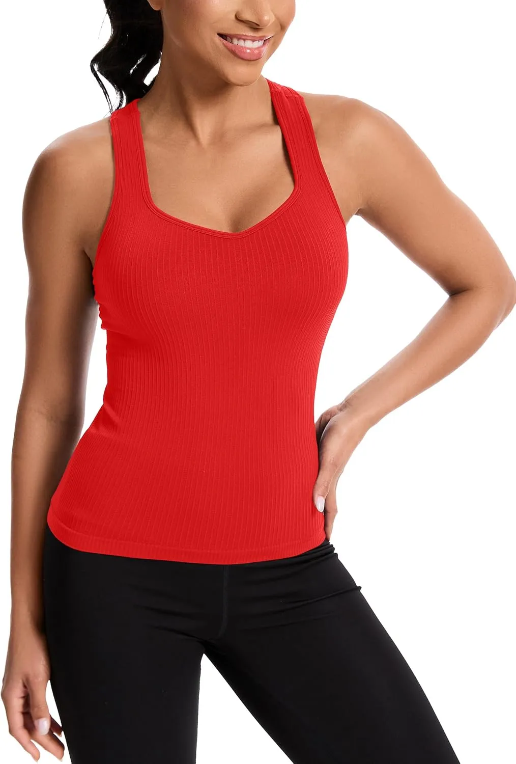 MathCat Women's Workout Tank Top with Built-in Bra, Slight V-Neck Racerback Sports Shirt, Breathable Athletic Camisole