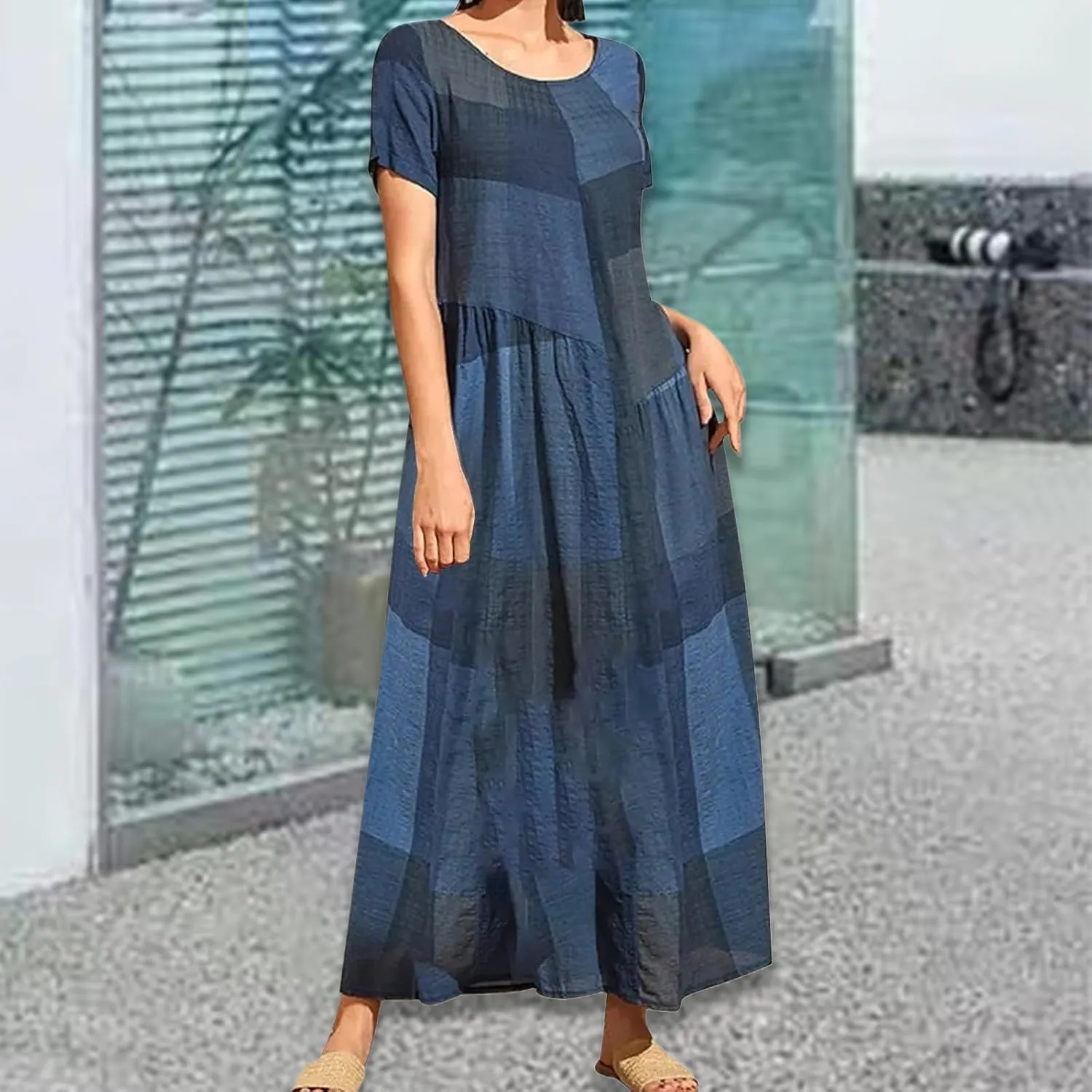 Maxi Dresses for Women 2025 Short Sleeve Crewneck Long Dress Ruffle Flowy Swing Dress Loose Waist Casual Summer Maxi