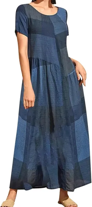 Maxi Dresses for Women 2025 Short Sleeve Crewneck Long Dress Ruffle Flowy Swing Dress Loose Waist Casual Summer Maxi