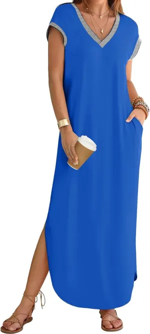 Maxi Dresses for Women Loose Fit Sundress Short Sleeve V Neck Tops Dresses Casual Split Beach Summer Dress 2025