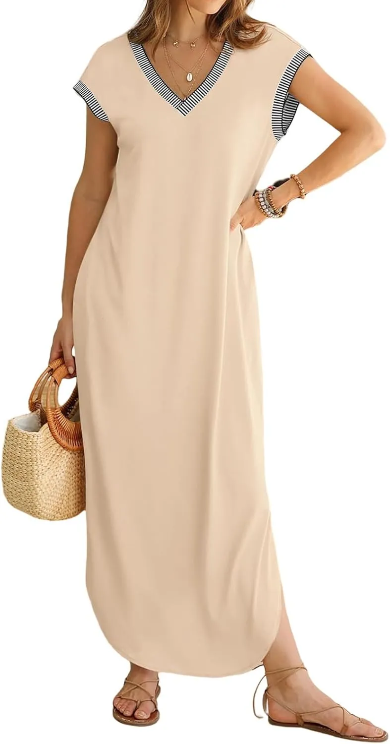 Maxi Dresses for Women Loose Fit Sundress Short Sleeve V Neck Tops Dresses Casual Split Beach Summer Dress 2025