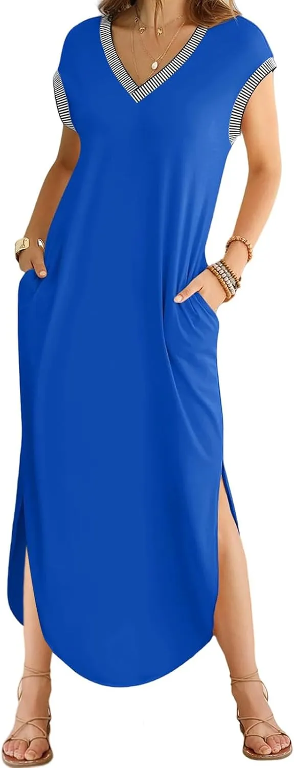 Maxi Dresses for Women Loose Fit Sundress Short Sleeve V Neck Tops Dresses Casual Split Beach Summer Dress 2025