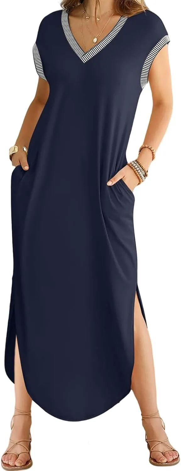 Maxi Dresses for Women Loose Fit Sundress Short Sleeve V Neck Tops Dresses Casual Split Beach Summer Dress 2025