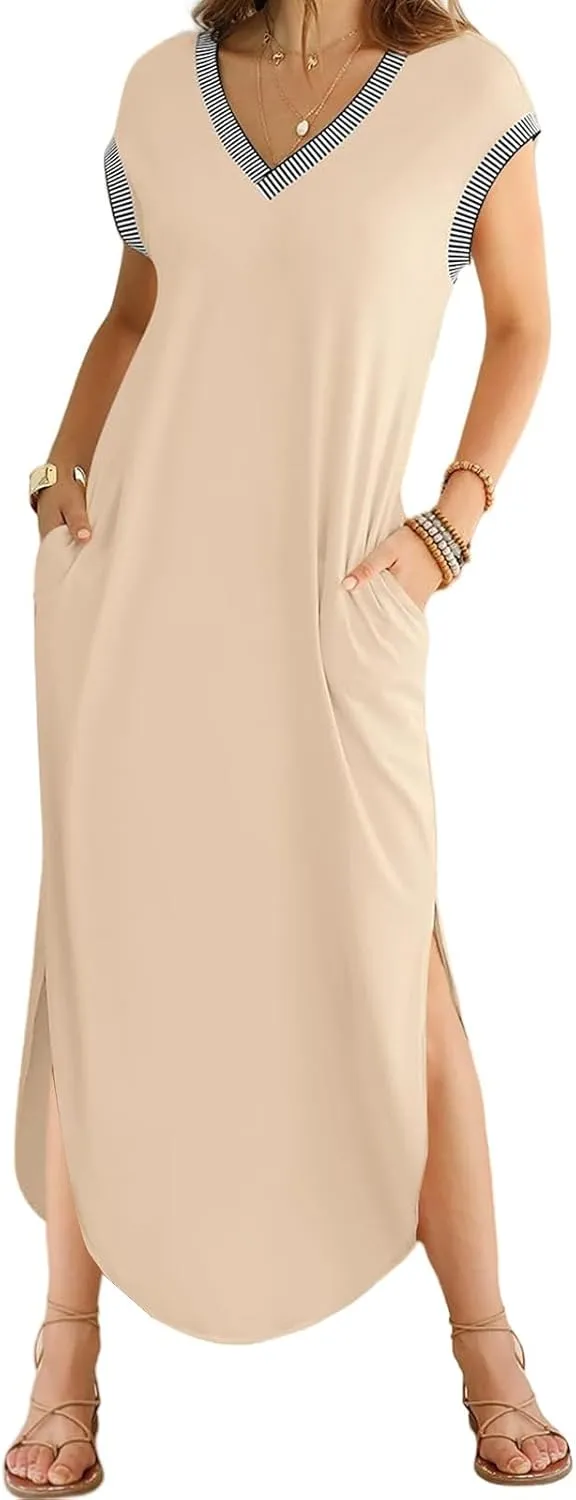 Maxi Dresses for Women Loose Fit Sundress Short Sleeve V Neck Tops Dresses Casual Split Beach Summer Dress 2025