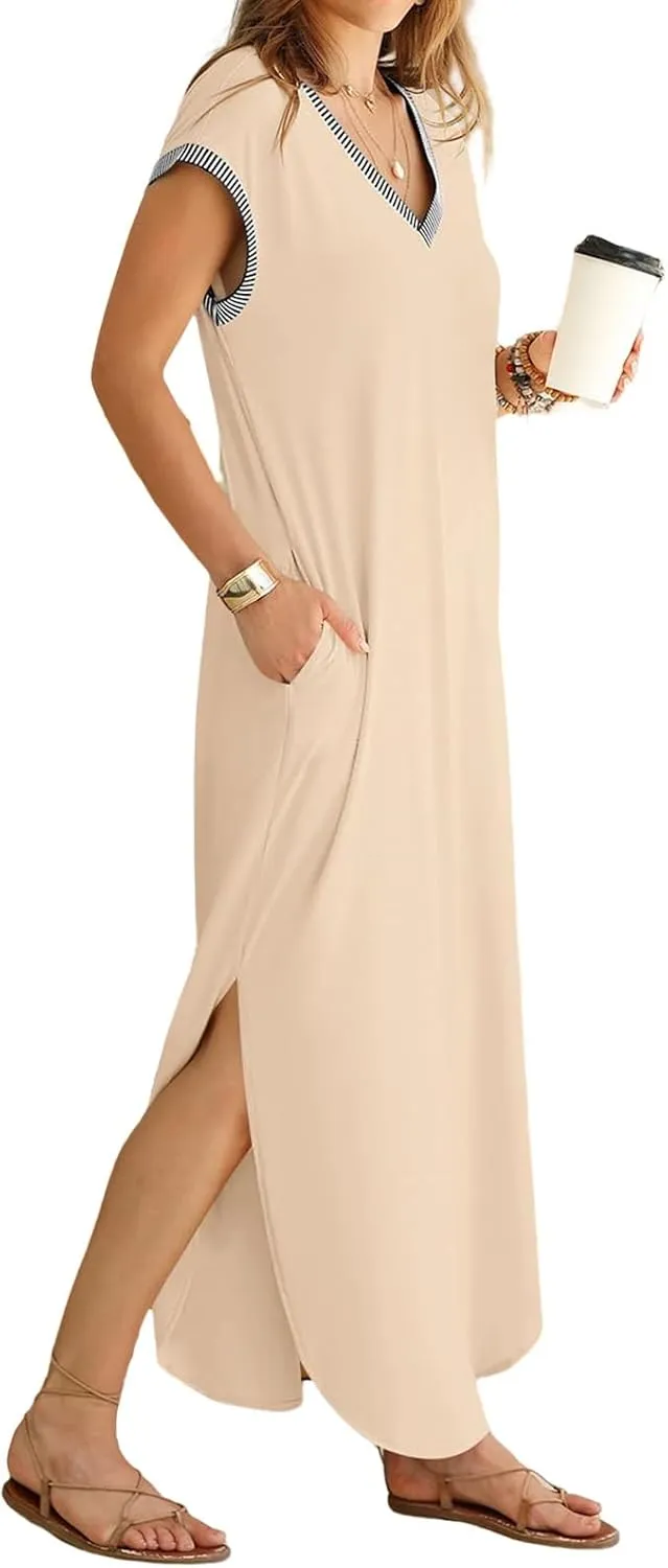 Maxi Dresses for Women Loose Fit Sundress Short Sleeve V Neck Tops Dresses Casual Split Beach Summer Dress 2025