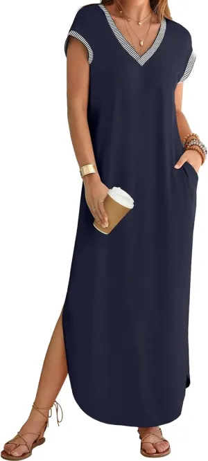Maxi Dresses for Women Loose Fit Sundress Short Sleeve V Neck Tops Dresses Casual Split Beach Summer Dress 2025