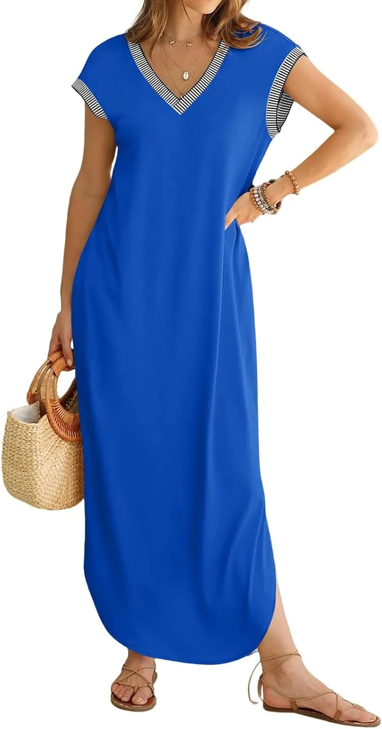 Maxi Dresses for Women Loose Fit Sundress Short Sleeve V Neck Tops Dresses Casual Split Beach Summer Dress 2025