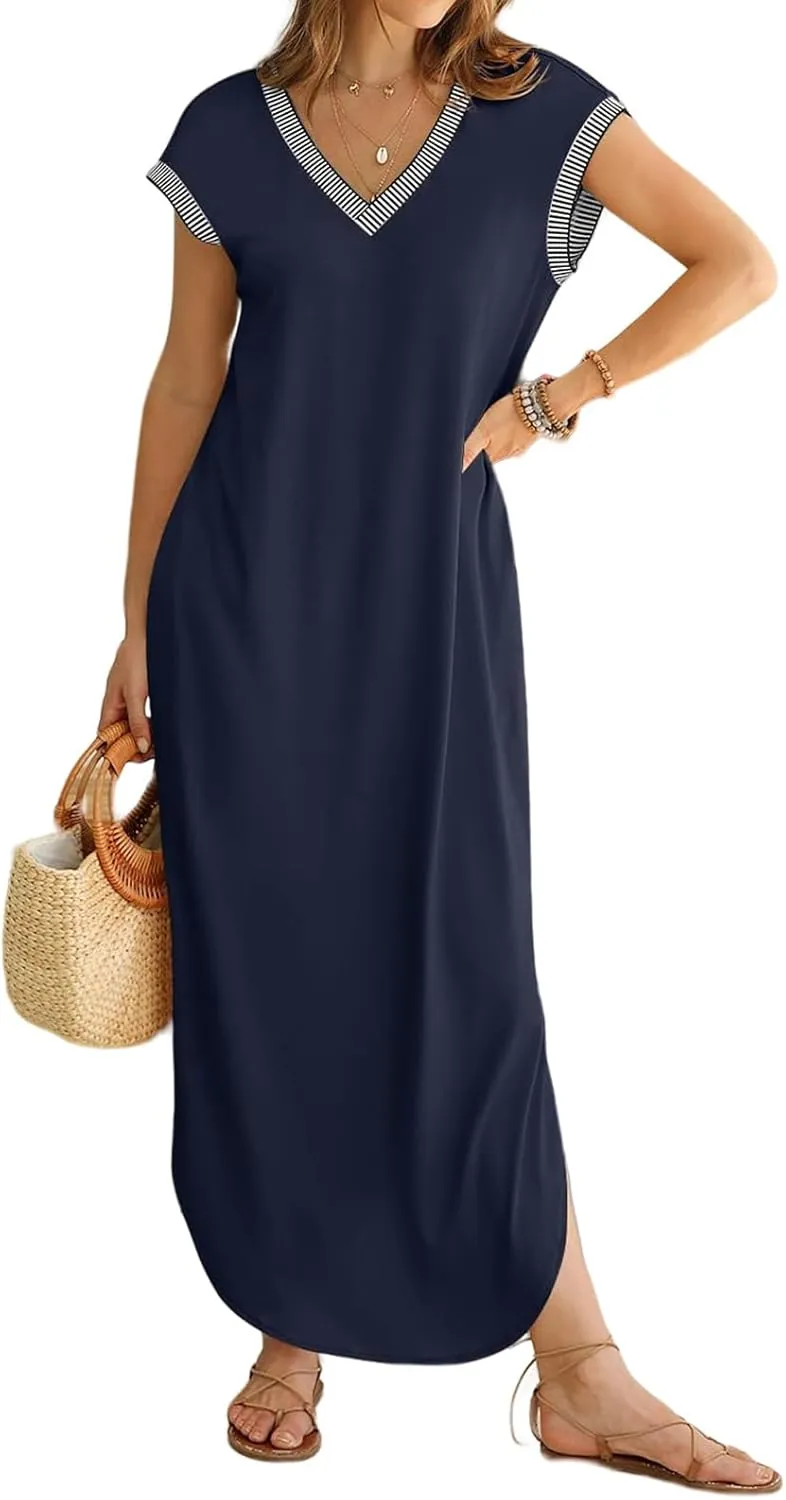 Maxi Dresses for Women Loose Fit Sundress Short Sleeve V Neck Tops Dresses Casual Split Beach Summer Dress 2025
