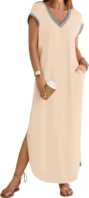 Maxi Dresses for Women Loose Fit Sundress Short Sleeve V Neck Tops Dresses Casual Split Beach Summer Dress 2025