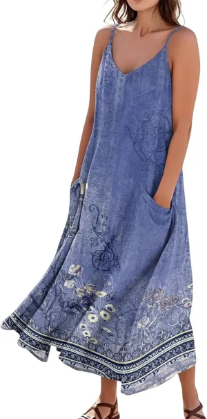 Maxi Dresses for Women Summer Casual Sundress Printed O Neck Tank Dress Loose Beach Vacation Dress with Pockets