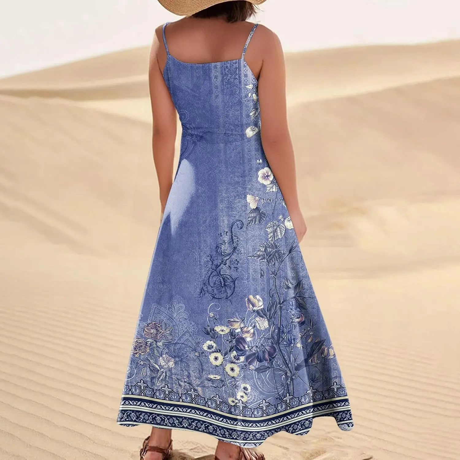 Maxi Dresses for Women Summer Casual Sundress Printed O Neck Tank Dress Loose Beach Vacation Dress with Pockets