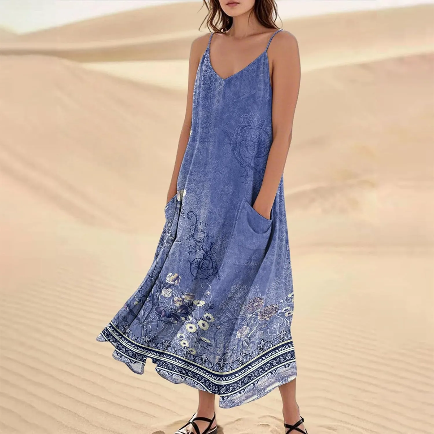 Maxi Dresses for Women Summer Casual Sundress Printed O Neck Tank Dress Loose Beach Vacation Dress with Pockets
