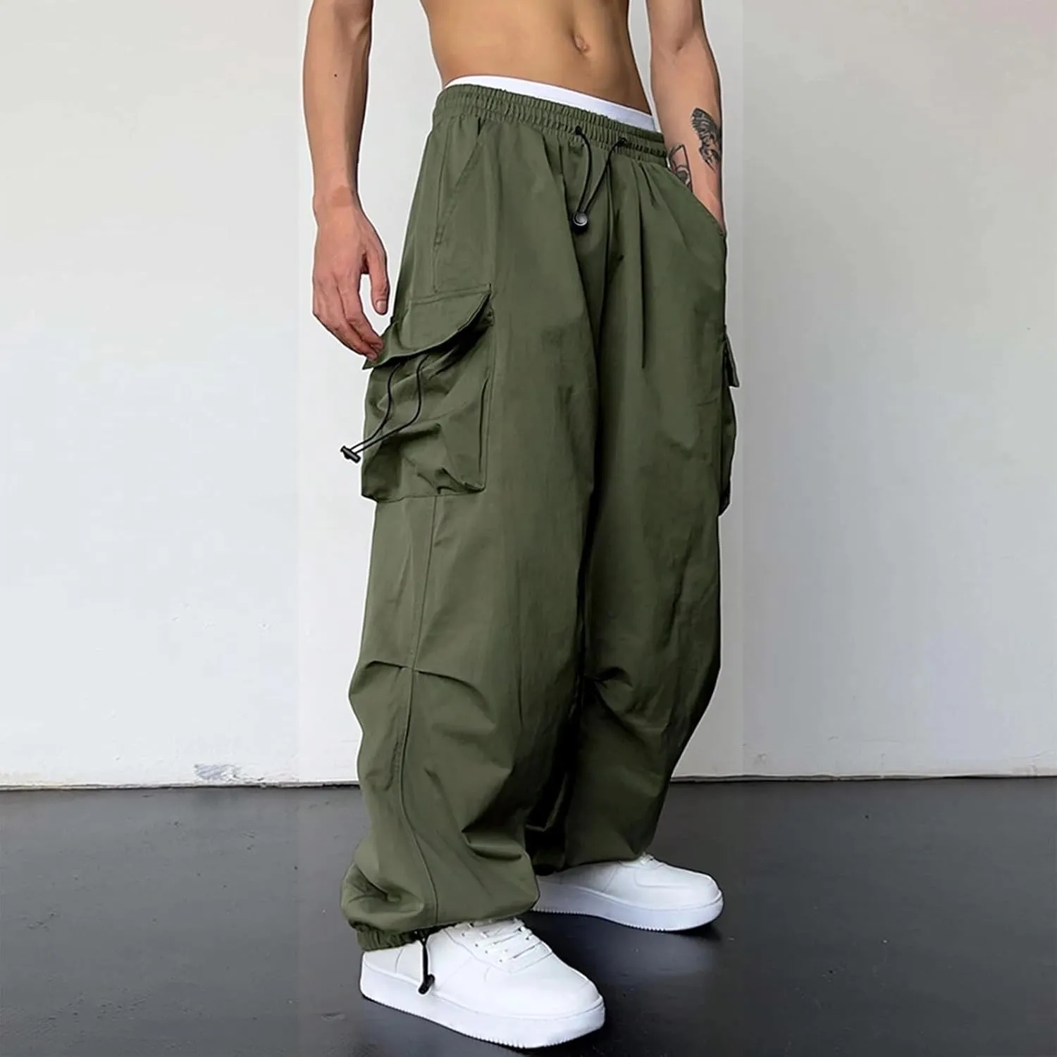 Mens Casual Waist Color Sports Hat Multi Woven Pocket Foot Rope Solid Pants Street Cargo Tie Mens Cargo Pants 1