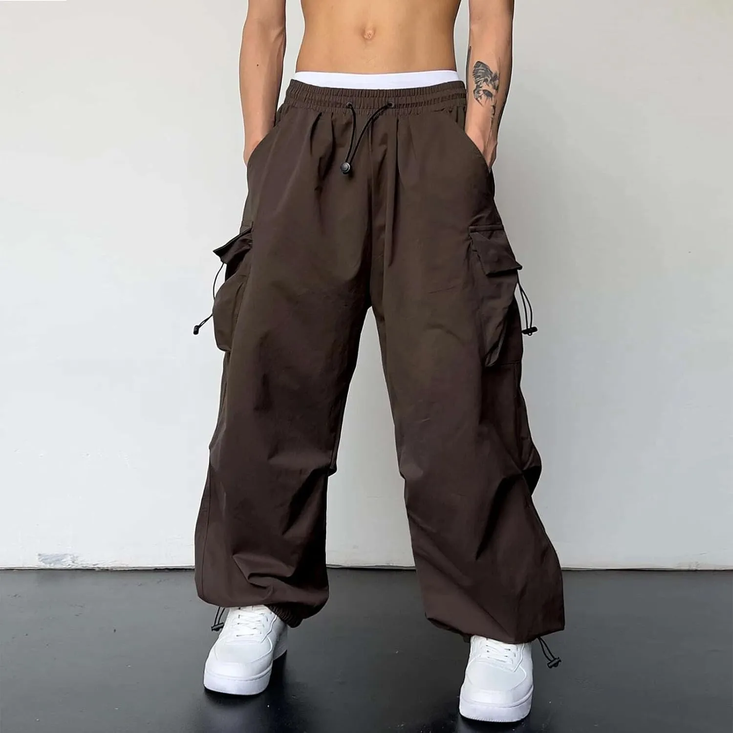 Mens Casual Waist Color Sports Hat Multi Woven Pocket Foot Rope Solid Pants Street Cargo Tie Mens Cargo Pants 1