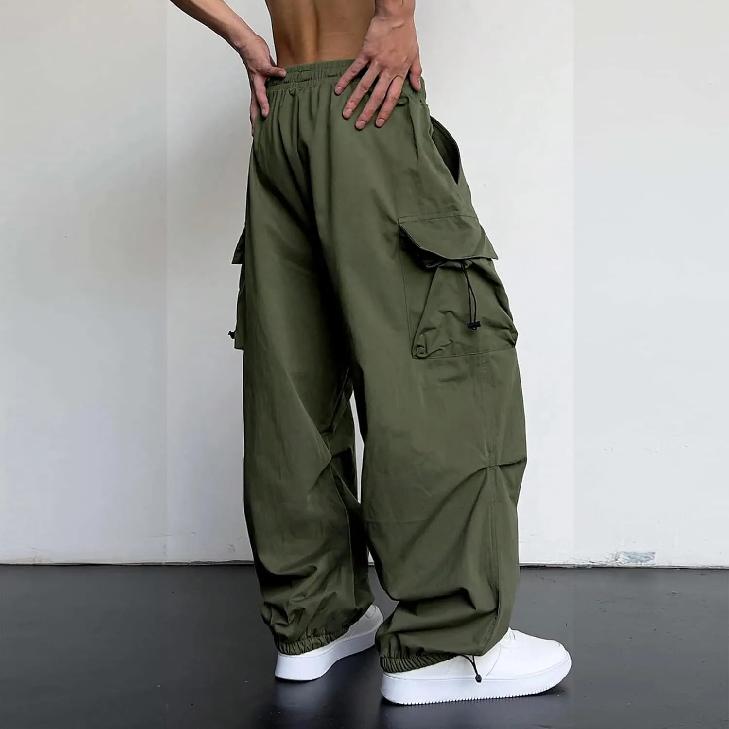 Mens Casual Waist Color Sports Hat Multi Woven Pocket Foot Rope Solid Pants Street Cargo Tie Mens Cargo Pants 1