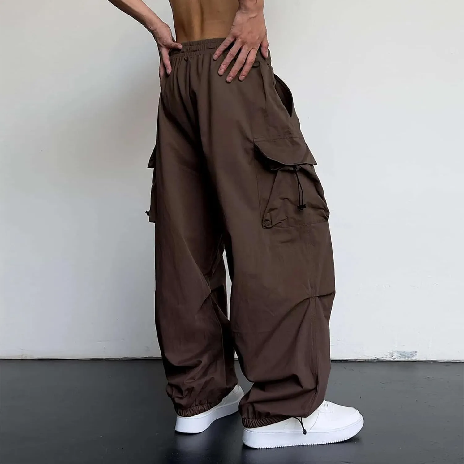 Mens Casual Waist Color Sports Hat Multi Woven Pocket Foot Rope Solid Pants Street Cargo Tie Mens Cargo Pants 1