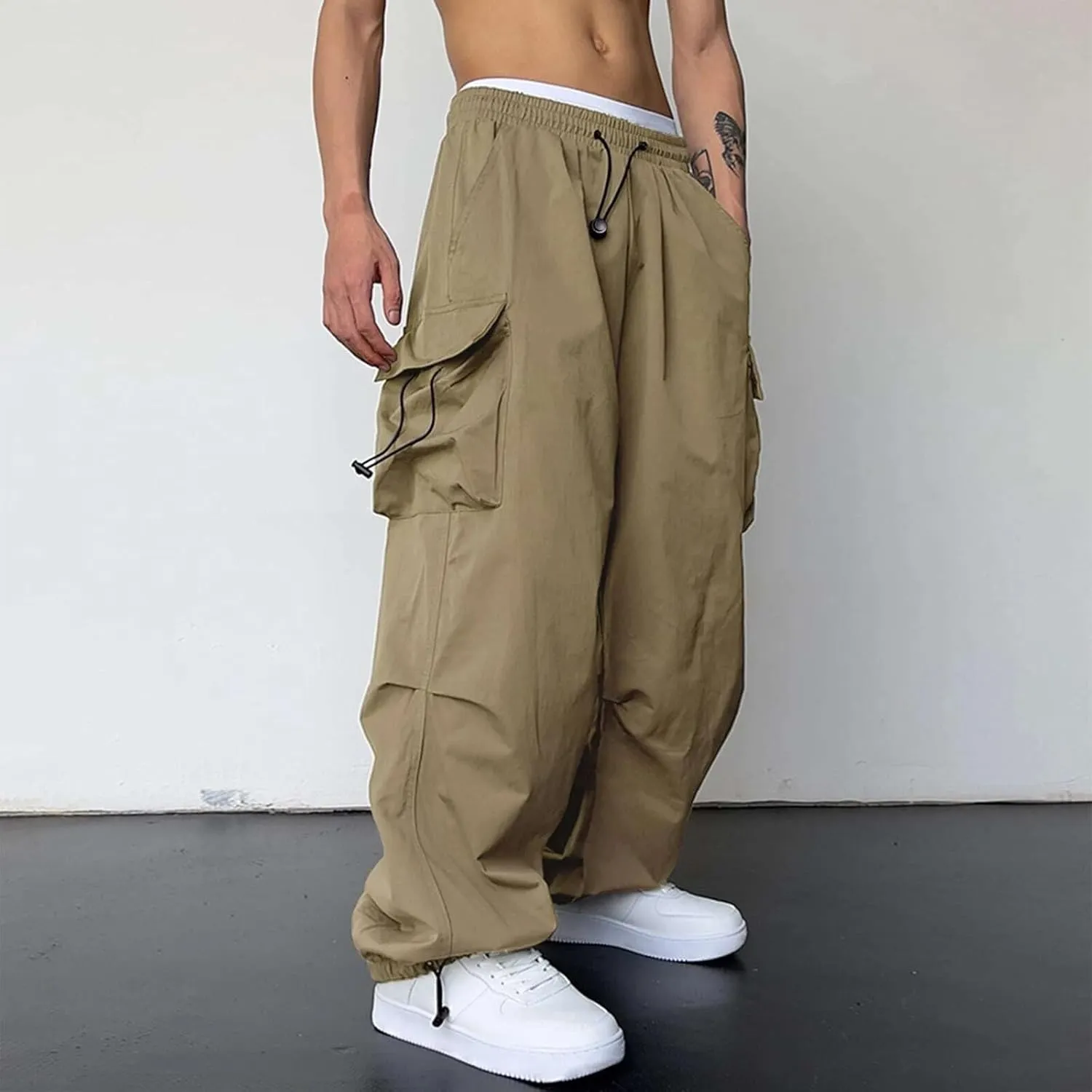 Mens Casual Waist Color Sports Hat Multi Woven Pocket Foot Rope Solid Pants Street Cargo Tie Mens Cargo Pants 1