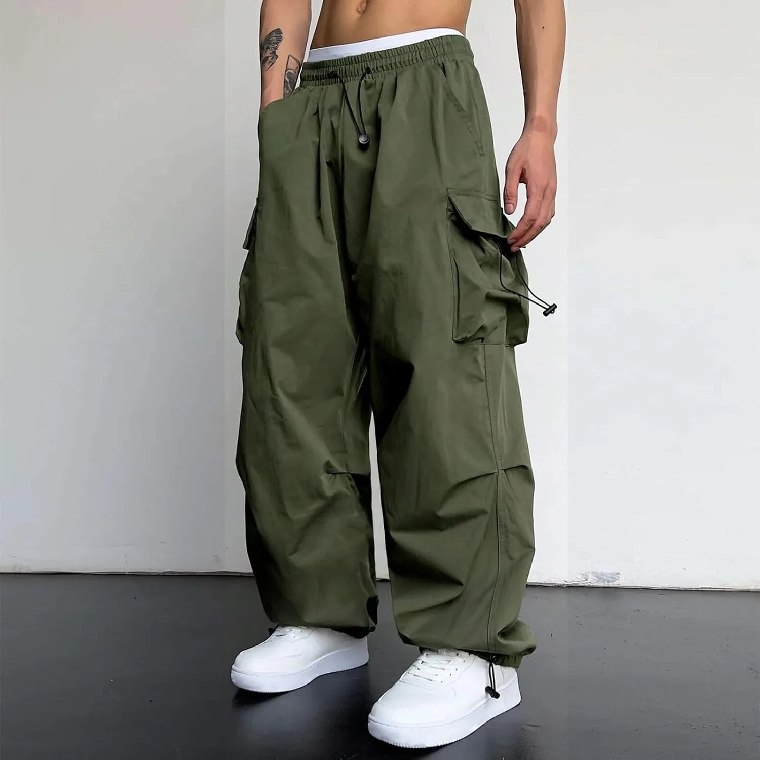 Mens Casual Waist Color Sports Hat Multi Woven Pocket Foot Rope Solid Pants Street Cargo Tie Mens Cargo Pants 1