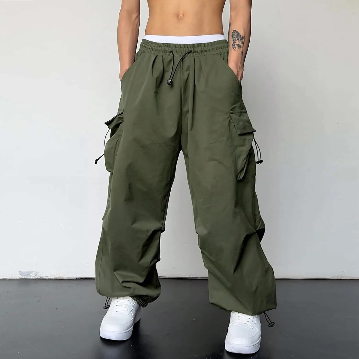 Mens Casual Waist Color Sports Hat Multi Woven Pocket Foot Rope Solid Pants Street Cargo Tie Mens Cargo Pants 1