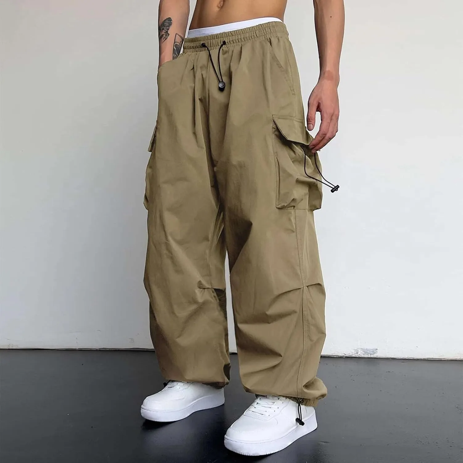 Mens Casual Waist Color Sports Hat Multi Woven Pocket Foot Rope Solid Pants Street Cargo Tie Mens Cargo Pants 1